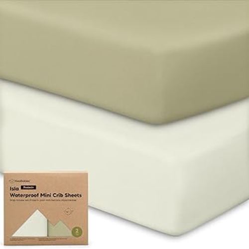 2-Pack Waterproof Pack and Play Sheets, Mini Crib Sheets Fitted for Boy, Girl - 38 x 26 Viscose from Bamboo Pack N Play Mattress Sheets for Graco, Toddler Playard Baby Crib Sheets Neutral (Oregano)