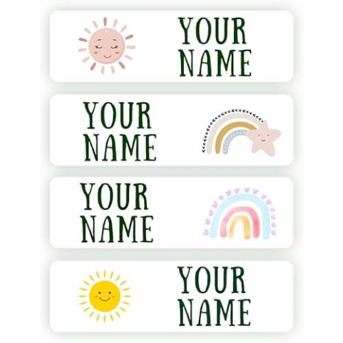 128 Custom Waterproof Dishwasher Safe Kid Name Labels for Daycare, School Supply, Baby Bottles, Lunch Boxes and Cups, Travel. Cute Personalized Design Name Stickers (Pattern 10)
