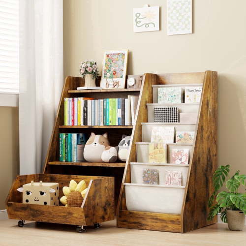 Scohul 3-in-1 Kids Bookshelf and Toy Organizer, Walnut with Rolling Bin