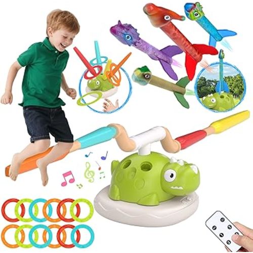 Indoor Outdoor Games for Kids, 3 in 1 Musical Jump, Ring Toss Game & Stomping Rocket Launcher for Kids, Dinosaur Sports & Outside Play Activities Toys with Remote Control for Toddlers 3-5 4-8