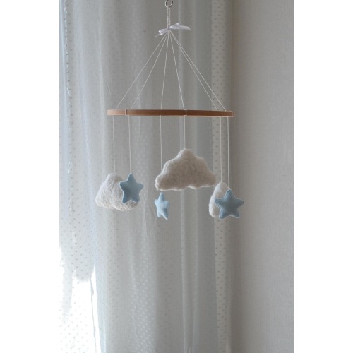 Boucle Cloud Baby Mobile with Blue Stars, Neutral Nursery Decor, Handmade Hanging Mobile , Newborn Gift
