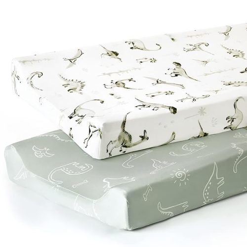 GRSSDER Stretch Ultra Soft Jersey Knit Changing Pad Cover Set 2 Pack, Change Table Pad Covers Fit 32"/34" x 16" Pads Safe and Snug, Pretty Pattern for Baby,Dinosaur World
