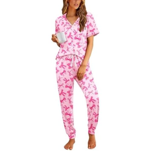 Ekouaer Women Pajama Set Short Sleeve Button Down Pjs Soft Comfy Sleepwear Nightwear with Jogger Pants