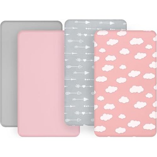 Bassinet Fitted Sheet(33" x 20"), 4 Pack for Most Bedside Sleeper Bassinet, Bassinet Sheets, Breathable & Soft Microfiber, Grey/Pink