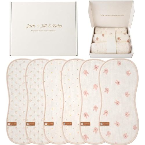 Jack & Jill & Baby Muslin Burp Cloths, 100% Cotton Baby Burp Cloths, 6-Pack Large Soft Absorbent Burping Cloths for Babies, Newborn Essentials (Bunny, Floral & Polka Dots)
