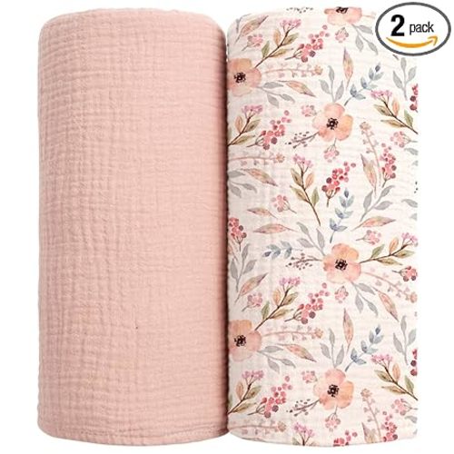 lulumoon Muslin Swaddle Blankets for Newborn - Soft Receiving Blankets - Floral Print Nursery Gift for Baby Girls(Pink Flower)
