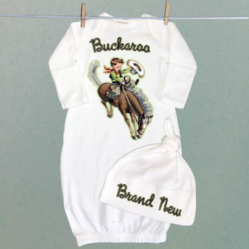 Brand New Buckaroo Baby One Piece Gown and Knot Cap Set. Newborn Cowboy Unisex Infant Dress. Great Shower Gift for Baby Boy Layette.
