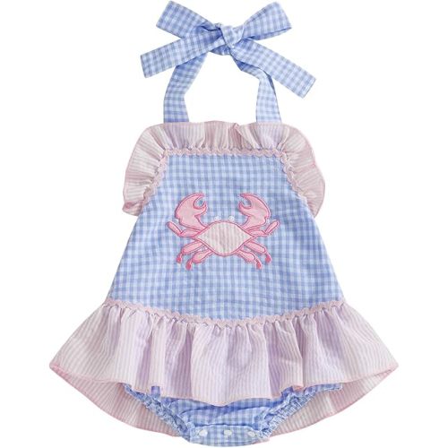Baby Girl Outfit Sleeveless Halter Tie Up Crab Embroidered Plaid Stripe Bubble Romper Dress Summer Clothes One Piece