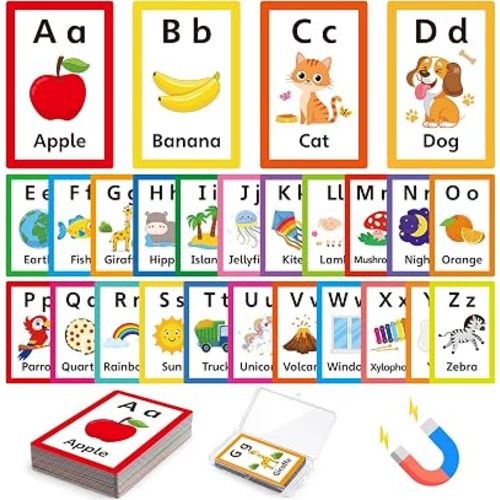 Epakh 26 Pcs Magnetic Alphabet Flash Cards for Toddlers, 26 A-Z Letter Magnets with Storage Box, ABC Learning Cards for Preschool Classroom Whiteboard, Montessori ESL Phonics Toys for Kids(Colorful)
