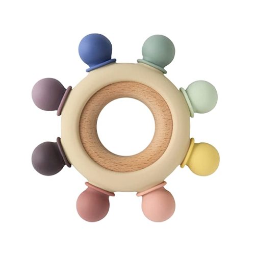Baby Teething Toys Silicone Teethers BPA Free Silicone Rudder with Wooden Ring Soothe Babies Gums (8 Directions - Gray)