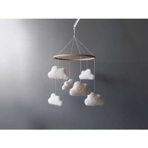 Boucle clouds baby mobile Neutral boho nursery decor White crib mobile Musical hanging mobile Baby shower gift