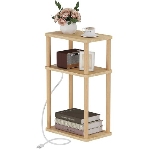 LUCKNOCK Solid Wood Side Table with Charging Station, 3-Tier Small End Table with USB Ports and Outlets, Narrow Couch Side Table, Skinny Nightstand Bedside Table for Small Spaces, Bedroom, Living Room