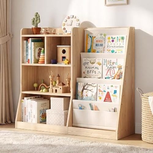 EXPERLAM Kids Bookshelf, Front Book Rack, Open Storage Shelf, Solid Pine