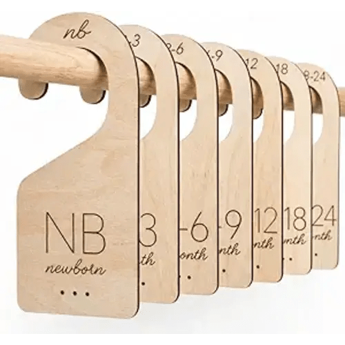 White Loft Baby Closet Dividers in Natural Birch Wood - Wooden Nursery Closet Organizer with Etched Labels for Newborn to 24 Months - 7 Piece Gift Set