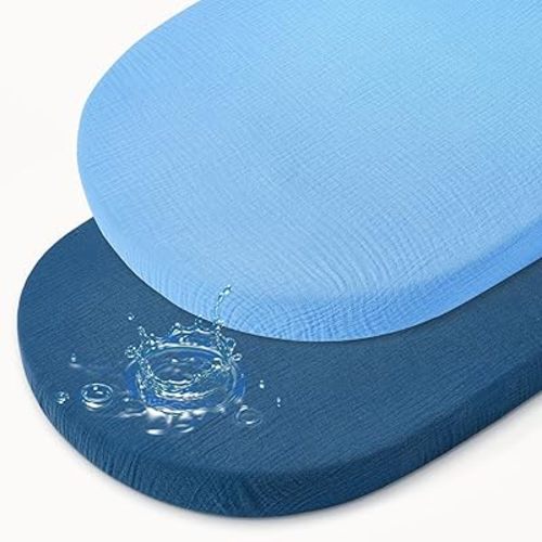 Baby Bassinet Sheets TPU Waterproof 2 Pack Soft Muslin Bedside Bassinet Mattress Sheets with Bottom Elastic Band for Baby Boy Girls Unisex Fit Hourglass Oval and Rectangle, Blue
