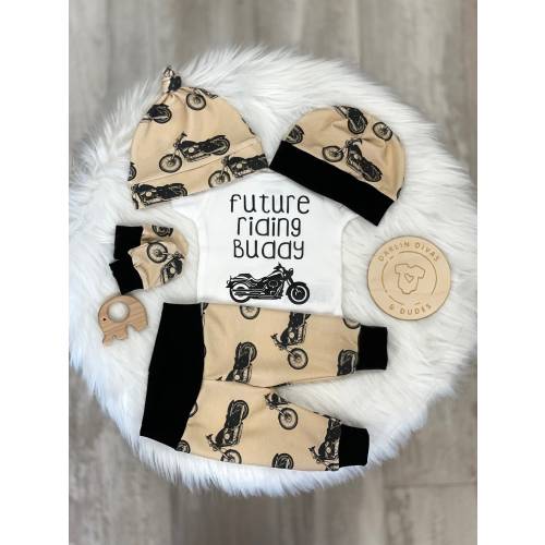 Motorcycle Baby Outfit: Future Riding Buddy Bodysuit, Pants & Hat