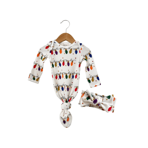 Organic Waffle Knotted Gown & Bow Set, Christmas Lights