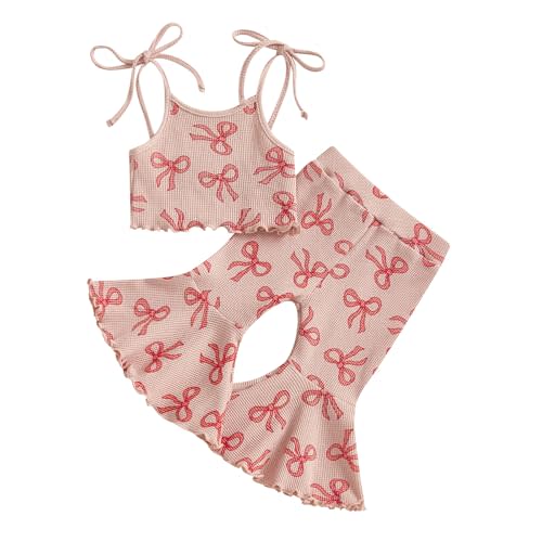 Mialoley Strawberry Outfit Baby Girl Summer Clothes Toddler Kid Bow Print Sleeveless Camisole Tank Top Flare Pant Sets 0-5T