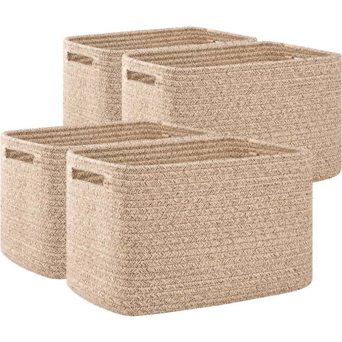 ZJQYDS 4 Pack Storage Baskets for Organizing, Cube Storage Bins for Shelves, Rectangle Storage Baskets With Handles, Woven Baskets for Storage, 12.7''Lx9''Wx7.8''H, Brown
