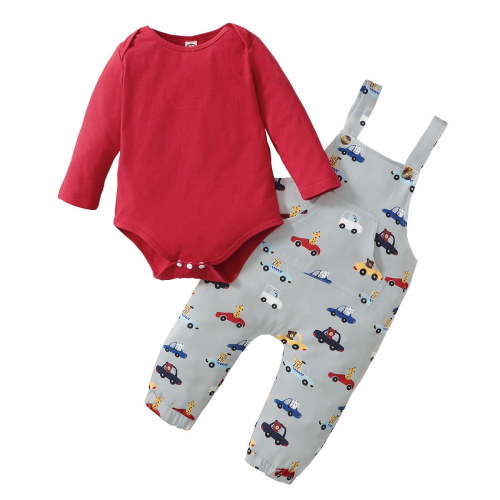 18 Months Baby Boys Clothes 24 Months Boys 2PCS Fall Winter Outfits Cars Print Toddler Boys Long Sleeve Romper Top Overall Pants Set Red