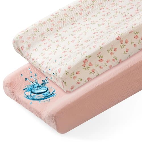 Basumee Muslin Changing Pad Cover Waterproof 2 Pack Baby Changing Table Covers for Boys and Girls Soft Breathable Nursery Diaper Change Table Cover Pad Fits 32"x16", Pink