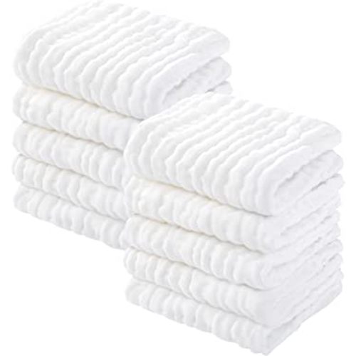 Yoofoss Muslin Baby Washcloths 100% Cotton Face Towels 10 Pack Wash Cloths for Baby 12x12in Soft and Absorbent Baby Wipes (White)
