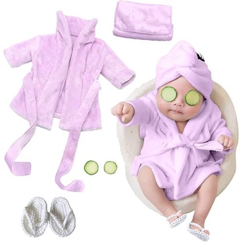 SPOKKI Newborn Photography Props Baby Girl 5 PCS Bathrobes Bath Towel Outfit with Slippers Cucumber Photo Props for Infant Boys Girls(0-6 Months)