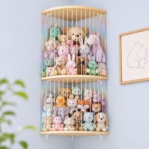 Stuffed Animal Storage Hammock, Wood Stuffed Toy Holder, Playroom Nursery Toy Storage Organizer, Decorative Wall Hanging Caddy Corner Stuffed Animal Net, Soft Toy Net for Kids Room Décor