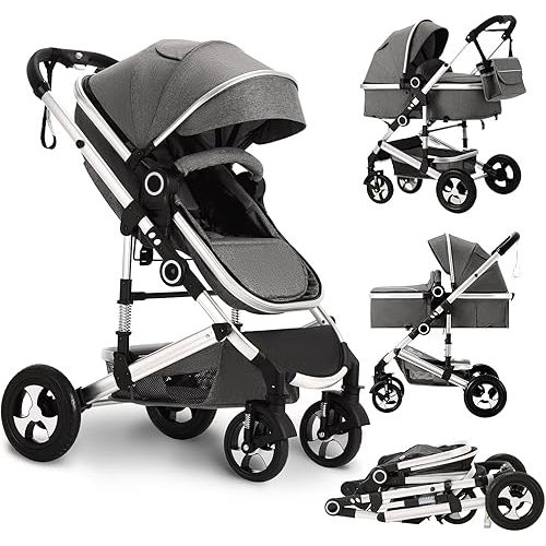 Convertible Baby Stroller, 3 in 1 Folding Infant Stroller, High Landscape Pushchair w/Adjustable Backrest & Canopy, Newborn Pram with Foot Cover, Storage Basket, Dark Grey