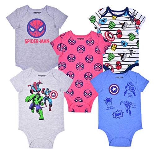 Marvel Avengers Boys’ 5 Pack Short Sleeve Bodysuits for Newborn and Infant – Blue/Red/Grey/White/Yellow/Green
