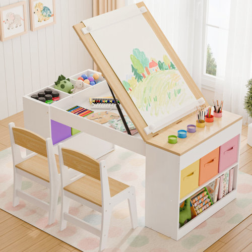 East Urban Home Kids Art Table & Activity Center With 2 Chairs, 47"l X 23"w Wooden Craft Desk, Paper Roll, 6 Storage Bins & 2 Shelves For Toddlers And Kids | Wayfair