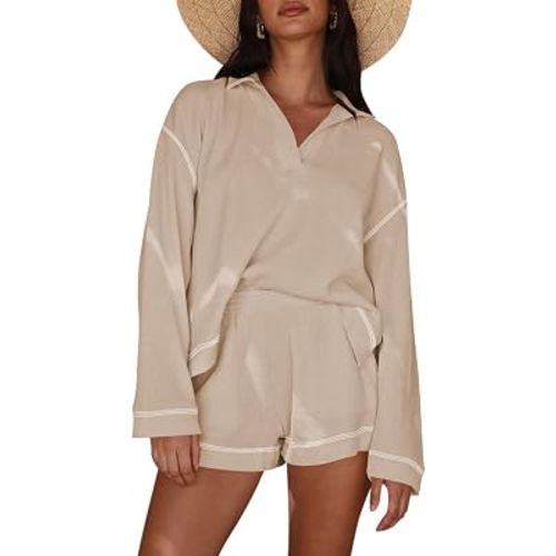 Pink Queen Women's 2025 Fall Casual Waffle Knit Long Sleeve Lounge Sets Casual Top and Shorts 2 Piece Outfits Sweatsuit