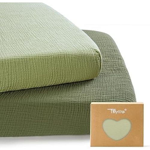 TILLYOU Muslin Mini Crib Sheets 2 Pack, Pack and Play Mattress Sheets Fitted for Pack N Play, 38 x 26 Sheet for Toddler, Forest Green and Light Green