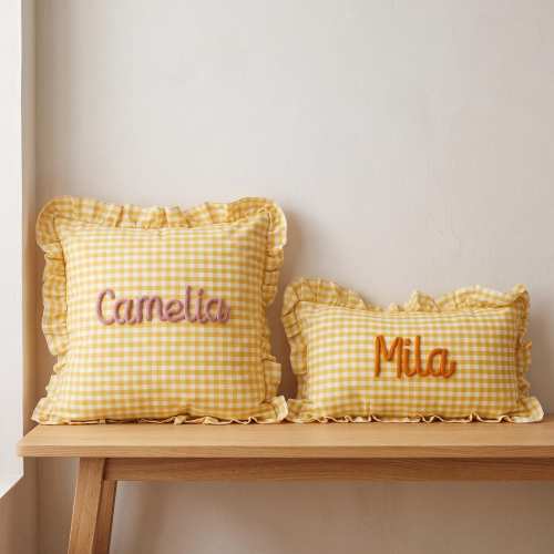 Custom Matching Name Pillow Cover Set, Personalized Yellow Gingham Nursery Decor