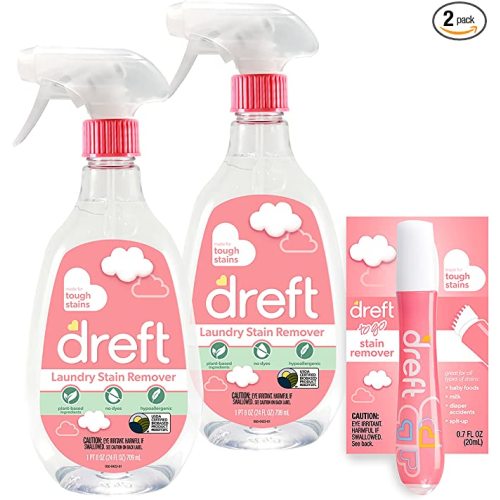 Dreft Stain Remover for Baby Clothes, Fragrance Free and Hypoallergenic Baby Stain Remover Spray Plus Travel Size Stain Treater Pen, 24 Fl Oz ( Pack of 2 + Stain Pen)