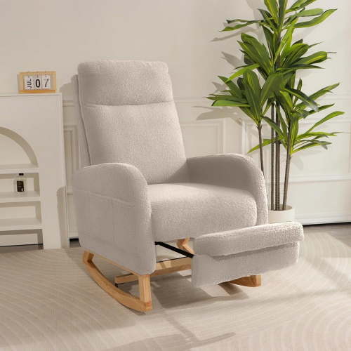 Nursery Rocking Chair,Modern Upholstered High Back Glider Armchair,Comfy Rocker with retractable footrest and Headrest, Side Pocket Accent Chair for Living Room/ Bedroom （Teddy）BEIGE