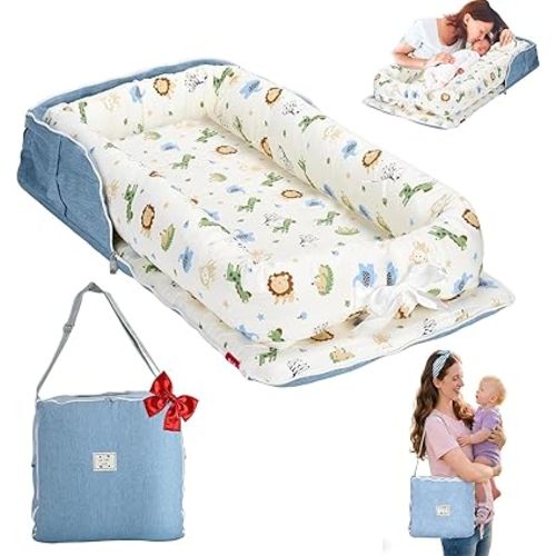 Baby Lounger for Newborn-Portable Baby Lounger 0-24 Months for Home and Travel,Newborn Loungers with Strap, Baby Nest Lounger Adjustable Size,Animal World Blue