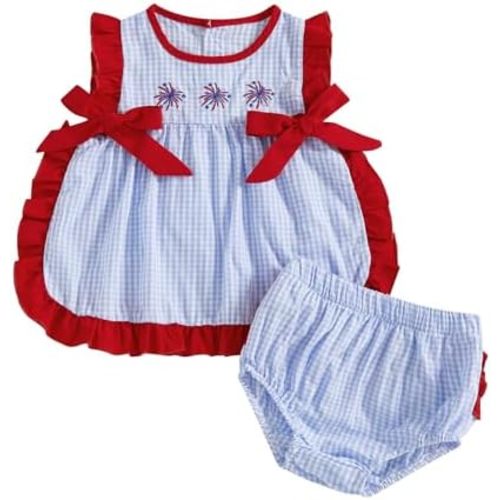 4th of July Baby Girl Outfit Newborn Fourth of July Embroidery Plaid Ruffle Sleeveless Tshirt Shorts Summer Sets