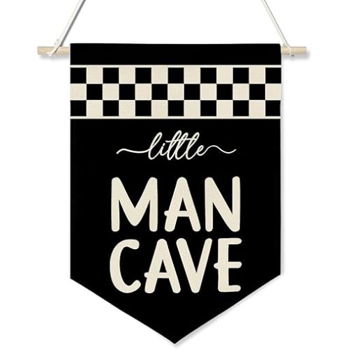 Little Man Cave Wall Banner for Boys Room – Black & White Checkered Canvas Wall Hanging Sign for Kids Playroom, Toddler Bedroom Decor, Cool Poster Gift for Son or Grandson 11x16 inch(KD25)