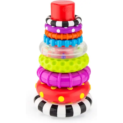 Sassy Stacks of Circles - Stacking Ring STEM Developmental Learning Toy - High Contrast Multicolored 9 Piece Set - For Ages 6+ Months