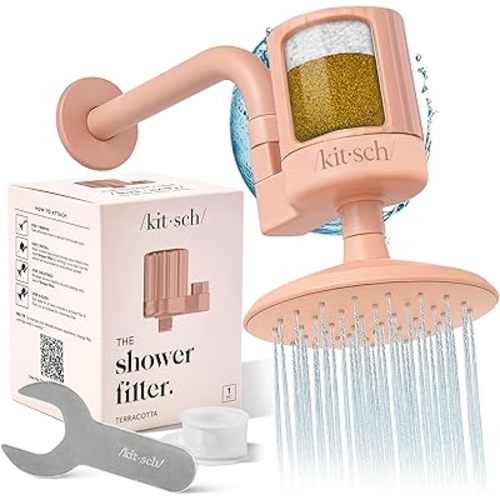 Kitsch Shower Head Filter for Hard Water – Shower Water Filter w/KDF-55 & Calcium Sulfite, Helps Reduce Chlorine & Impurities, Water Softener-Bathroom Accessories for Healthy Hair & Skin - Terracotta