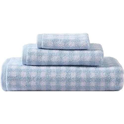 Laura Ashley- Towel Set, Absorbent & Fade Resistant Cotton Towels, Farmhouse Bathroom Decor (Ginny Blue, 3 Piece)