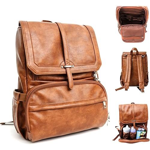 Citi Collective Navigator Saddle Brown Diaper Bag Backpack -Premium Vegan Leather- Compact Spacious Design With Insulated Pockets and Stroller Clips