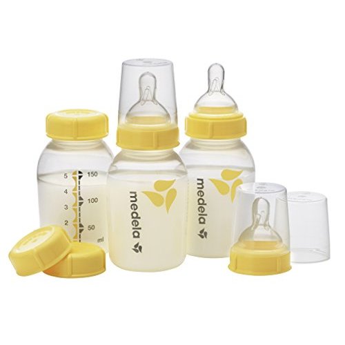 Medela Breast Milk Storage Bottles, 3 Pack of 5 Ounce Breastfeeding Bottles with Slow Flow Nipples, Lids, Wide Base Collars, and Travel Caps, Made Without BPA