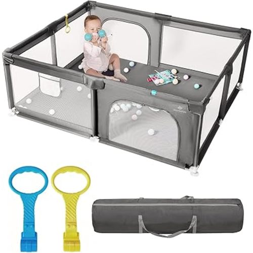 71" x 59" Extra Large Baby Playpen for Babies and Toddlers, Safe Activity Center with Soft Play Fence, Indoor Safety Yard, Easy to Assemble and Clean (Gray)