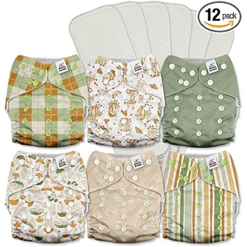 Mama Koala 3.0 Pocket Cloth Diapers for Babies with AWJ Lining, 6 Pack with 6 5-Layer Natural Cloth Diaper Inserts - Reusable and Washable Pocket Diapers(A-Mushrooms)