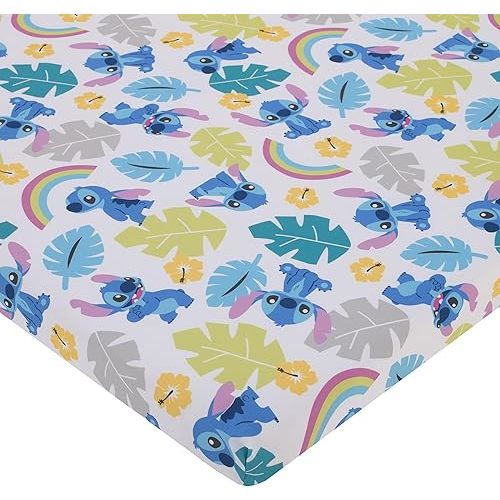 Disney Stitch Blue, Teal, Lime, and White Nursery Fitted Mini Crib Sheet