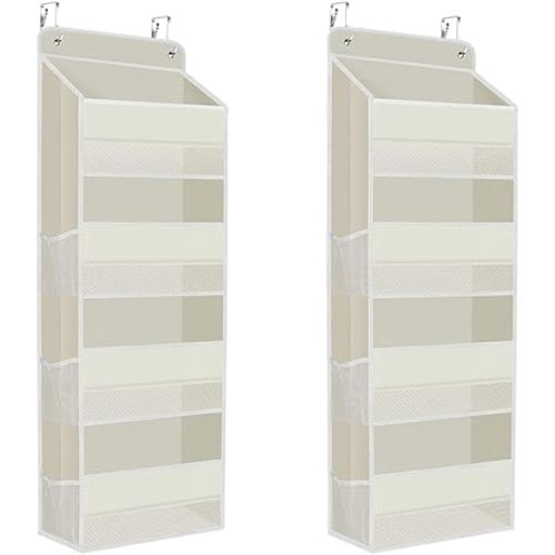 2 Pack Over The Door Organizer, Hanging Storage Organizer with Clear Window, 40lb Ultra Sturdy Large Capacity Room Organizer for Pantry Laundry Bathroom Nursery Closet (Beige)