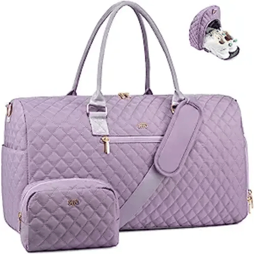 JFFD Weekender Bag for Women, Quilted Travel Duffle Bag with Toiletry Bag,Carry on Overnight Bag with Shoe Compartment, Gym Duffel Bag with Wet Pocket, Mommy Hospital Bags for Labor and Delivery - Light Purple