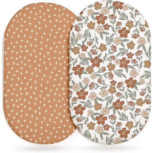 Bassinet Sheets for Baby Girls Boys 2 Pack, Fitted Baby Mattress Sheet for Rectangle, Oval, Hourglass Bassinet Mattress, Breathable Cozy & Universal Fit (Rusty Garden, Bassinet Sheet)